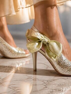 Bakers Gold Sequin Satin Slingback Heels